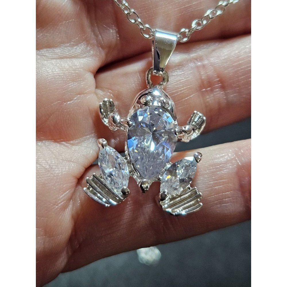 Frog pendant necklace with clear crystals 20-22"